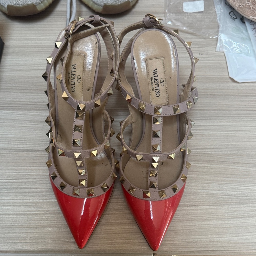 Valentino Red and Tan Rockstud Heels